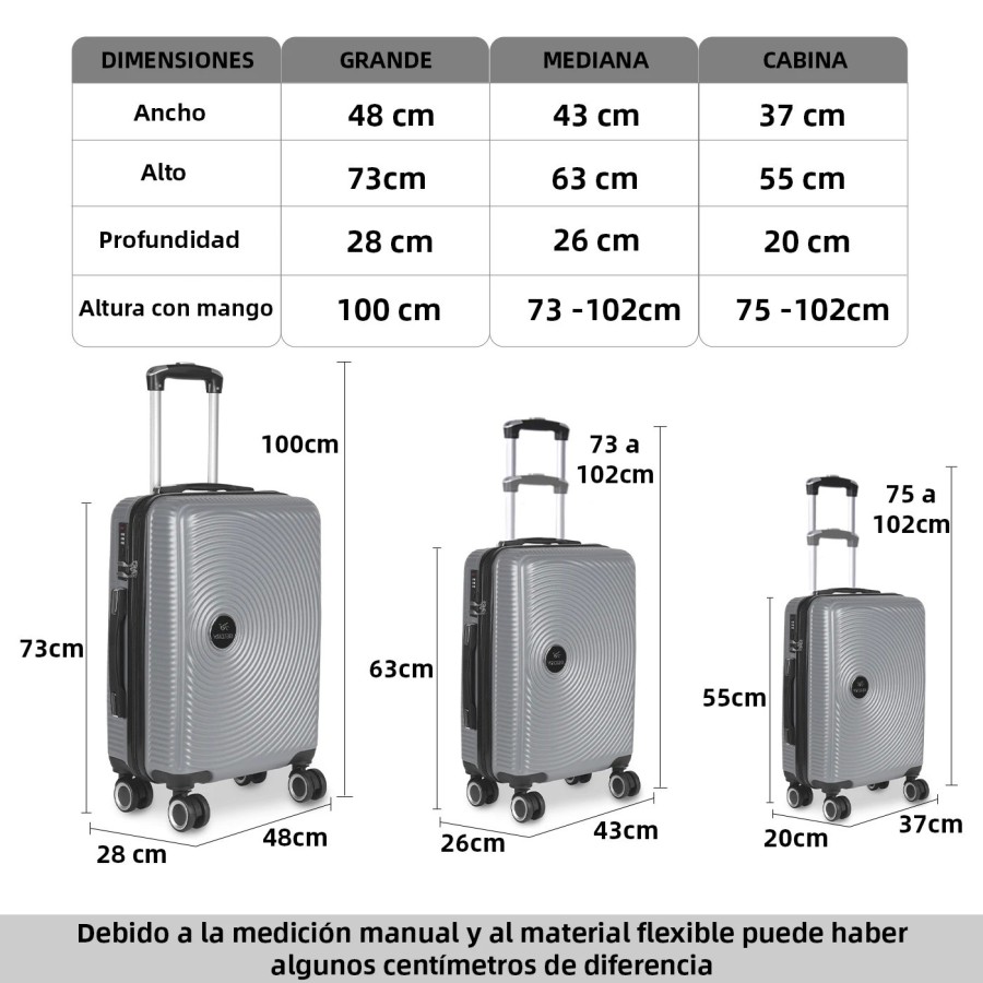 Maleta de Viaje de Cabina, Mediana, Grande 100ABS, 4 Ruedas Giratorias